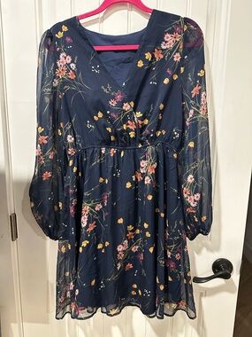 Floral Navy Long-Sleeve V-Neck Dress
